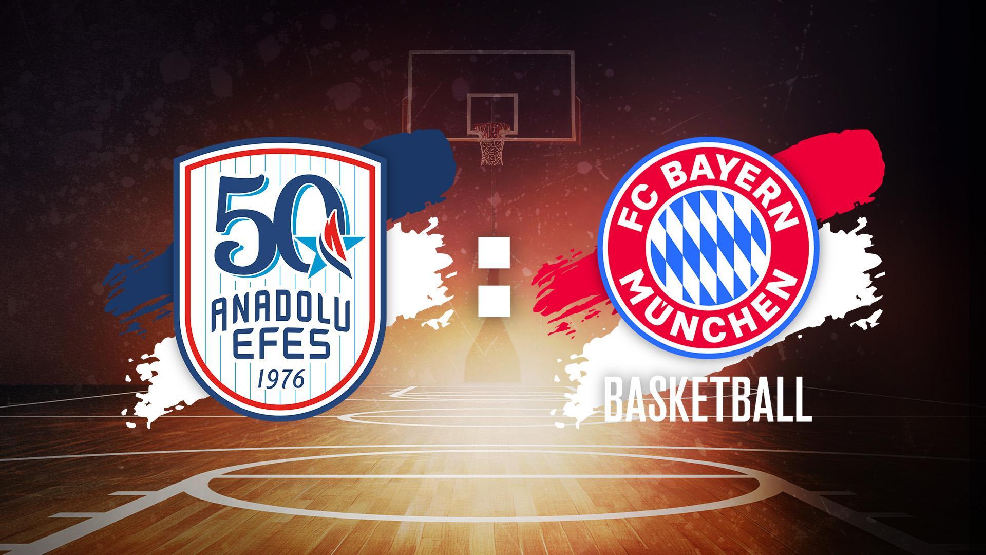Werbegrafik EuroLeague mit Logos von Anadolu Efes Istanbul und FC Bayern auf Basketball-Hintergrund